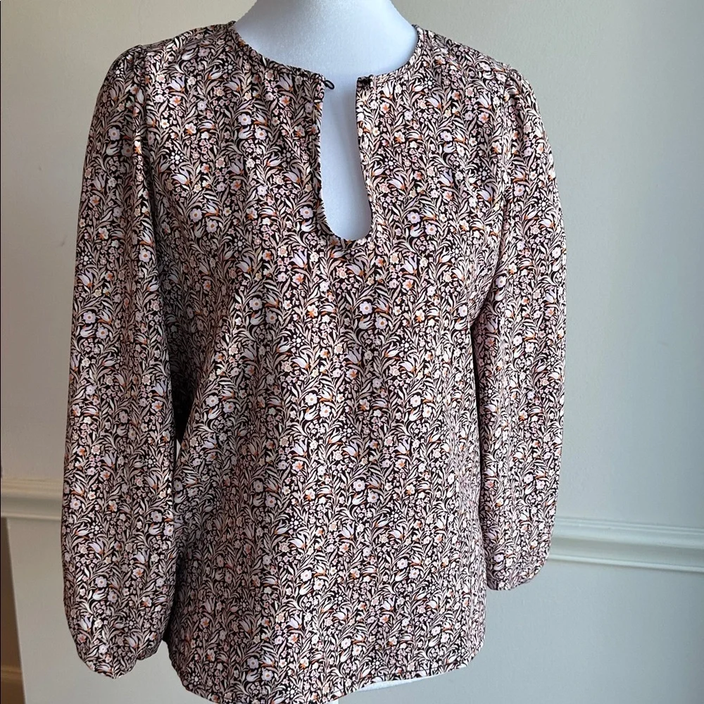 J. Crew Puff Sleeve Satin Back Crepe Top Floral Flourish Size XS brown EUC